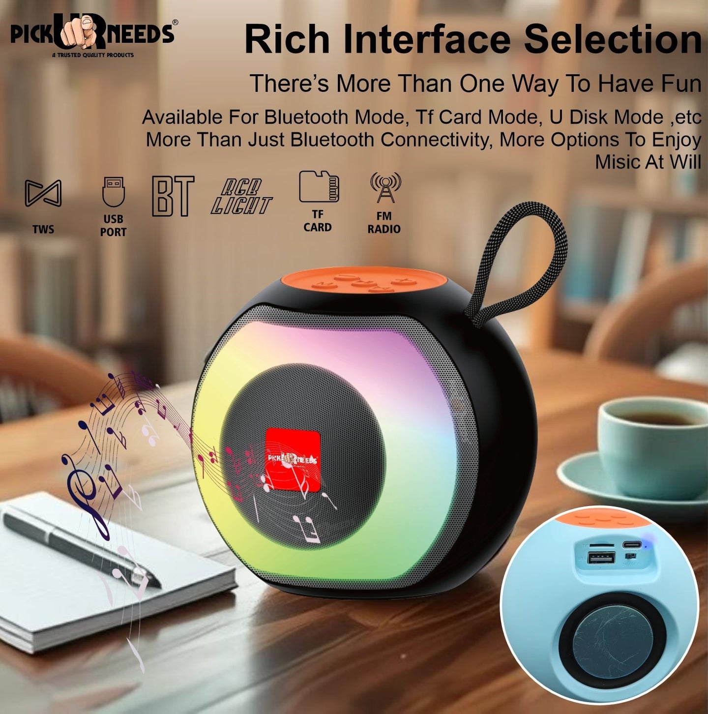 Pick Ur Needs Compact Rechargeable Wireless Thunder Sound 5W Bluetooth Speaker– Support FM/USB  (Black)